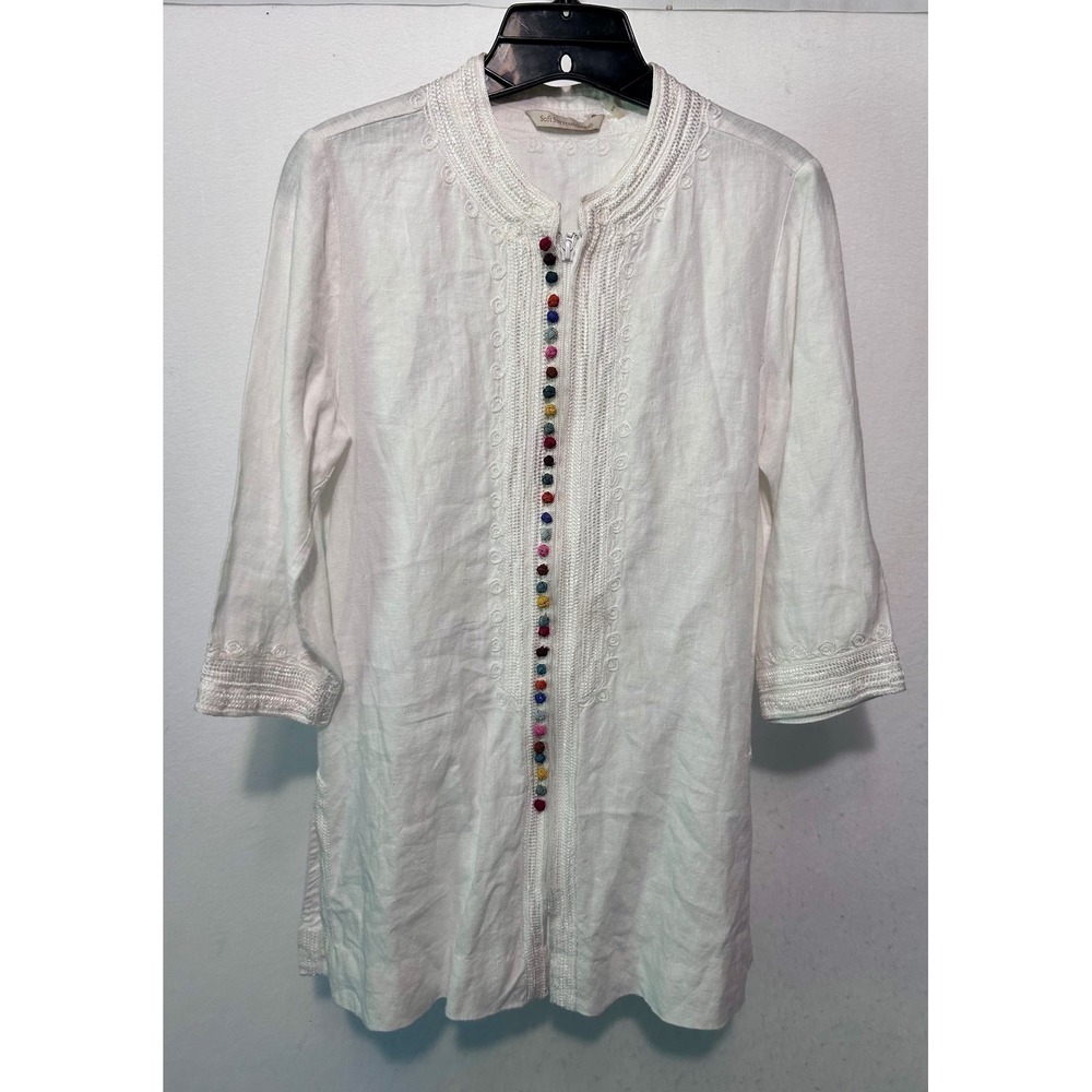 Soft Surroundings White Linen Tunic Top Petite XS Embroidered Zip Front 3AE92